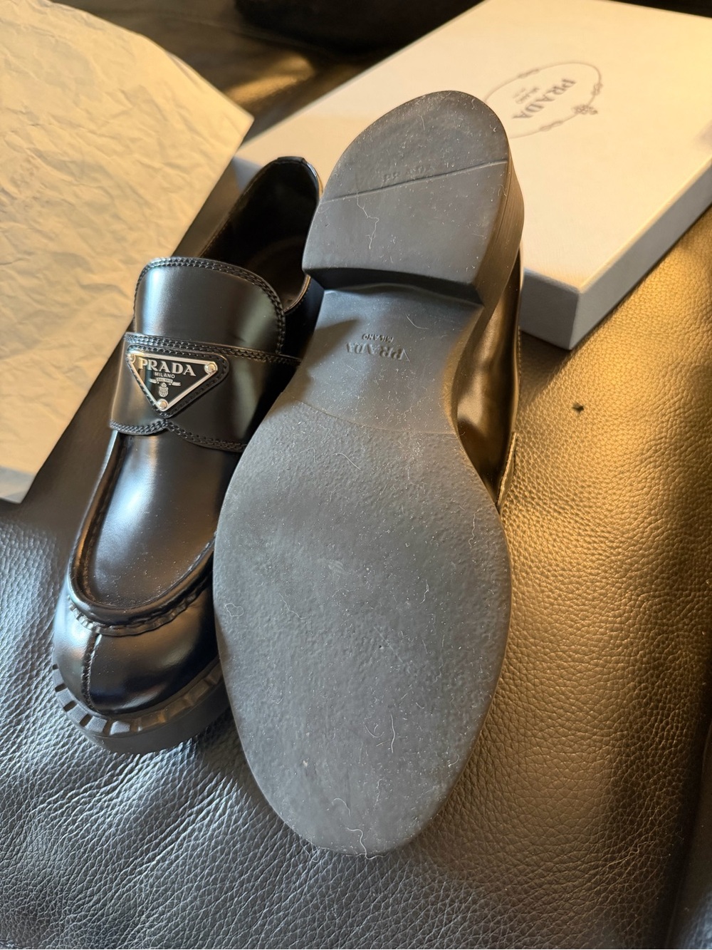 Prada Black Patent Leather Logo Strap Loafers with Chunky Sole - Picture 3 of 3
